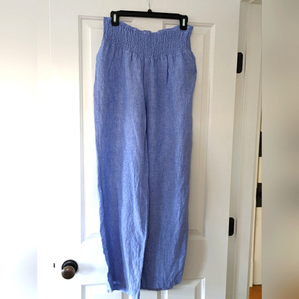French blue linen pants with smocked high waist, size L